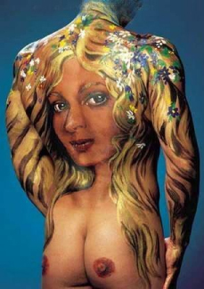 tattoo of a ladies face and chest on his back and bum