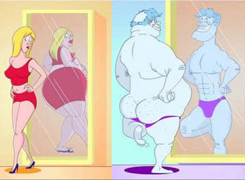 woman seeing her reflection in the mirror as a lot larger and a man seeing his at a lot smaller