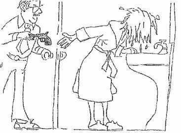 woman with wet hair and head down says hand me the hairdryer - husband is handing her a gun