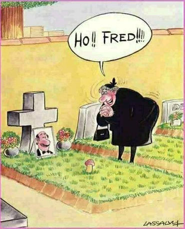 a woman is at her husbands graveside looking pleased and there is a mushroom growing where his willy would be