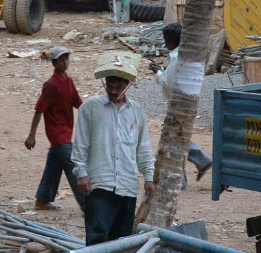 man with foam tied to head