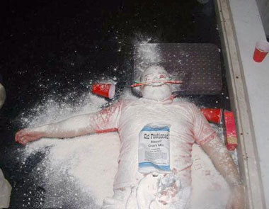 man covered in gravy mix