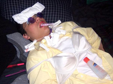 man covered in tampons